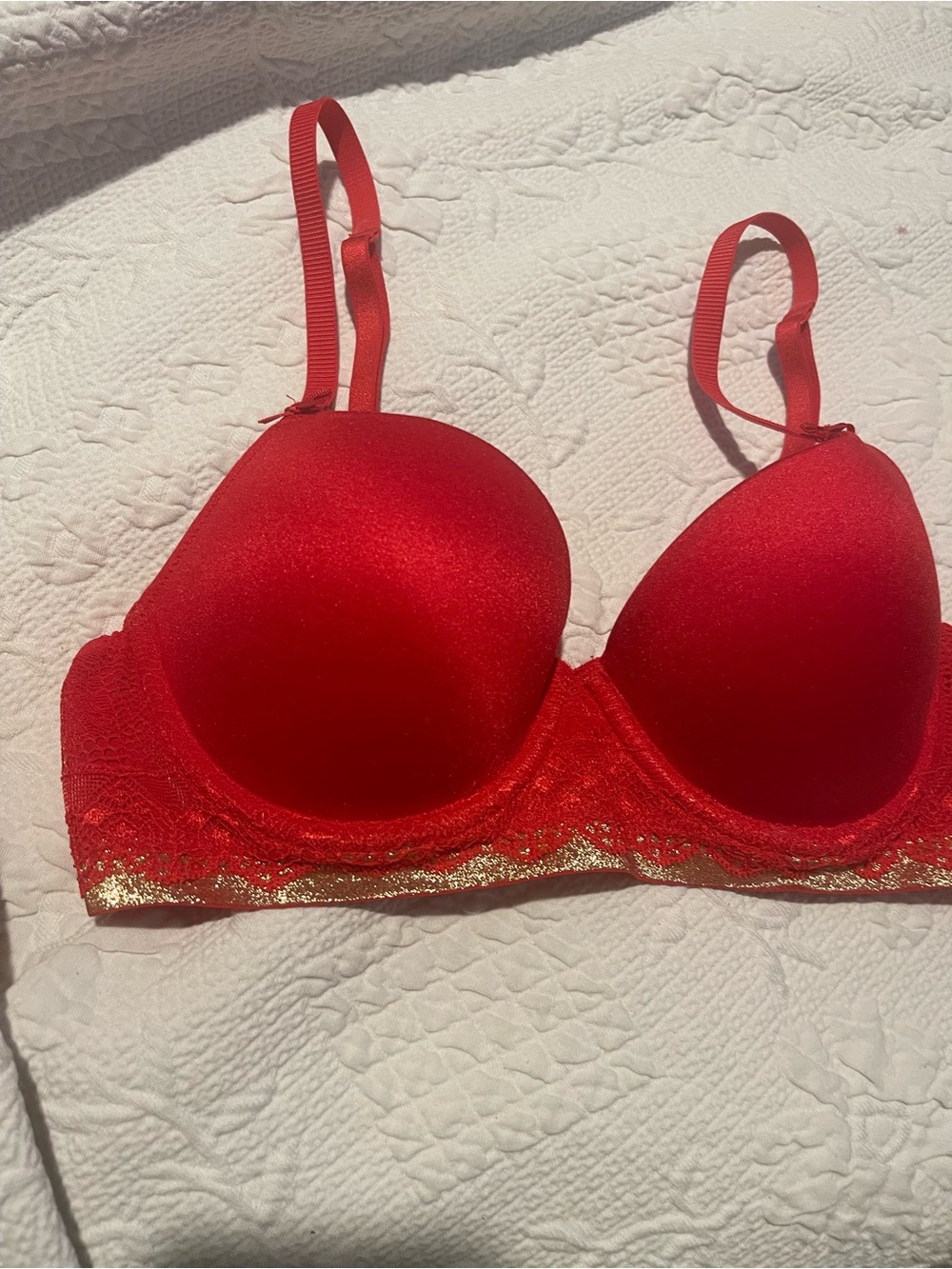 The Body Elle MacPherson 34B Red Padded Underwire Bra Lace & Gold Trim
